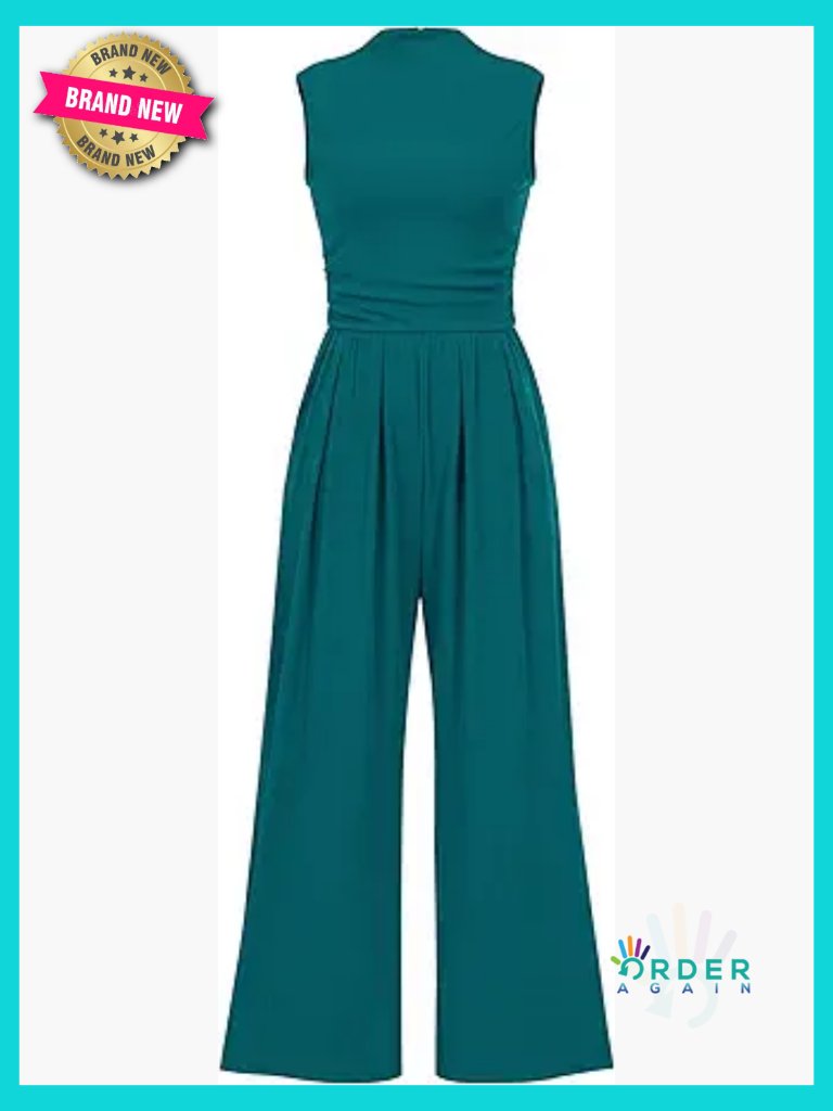 Sleeveless Mock Neck Wide Leg Jumpsuit With Pockets Elegant Chic Casual